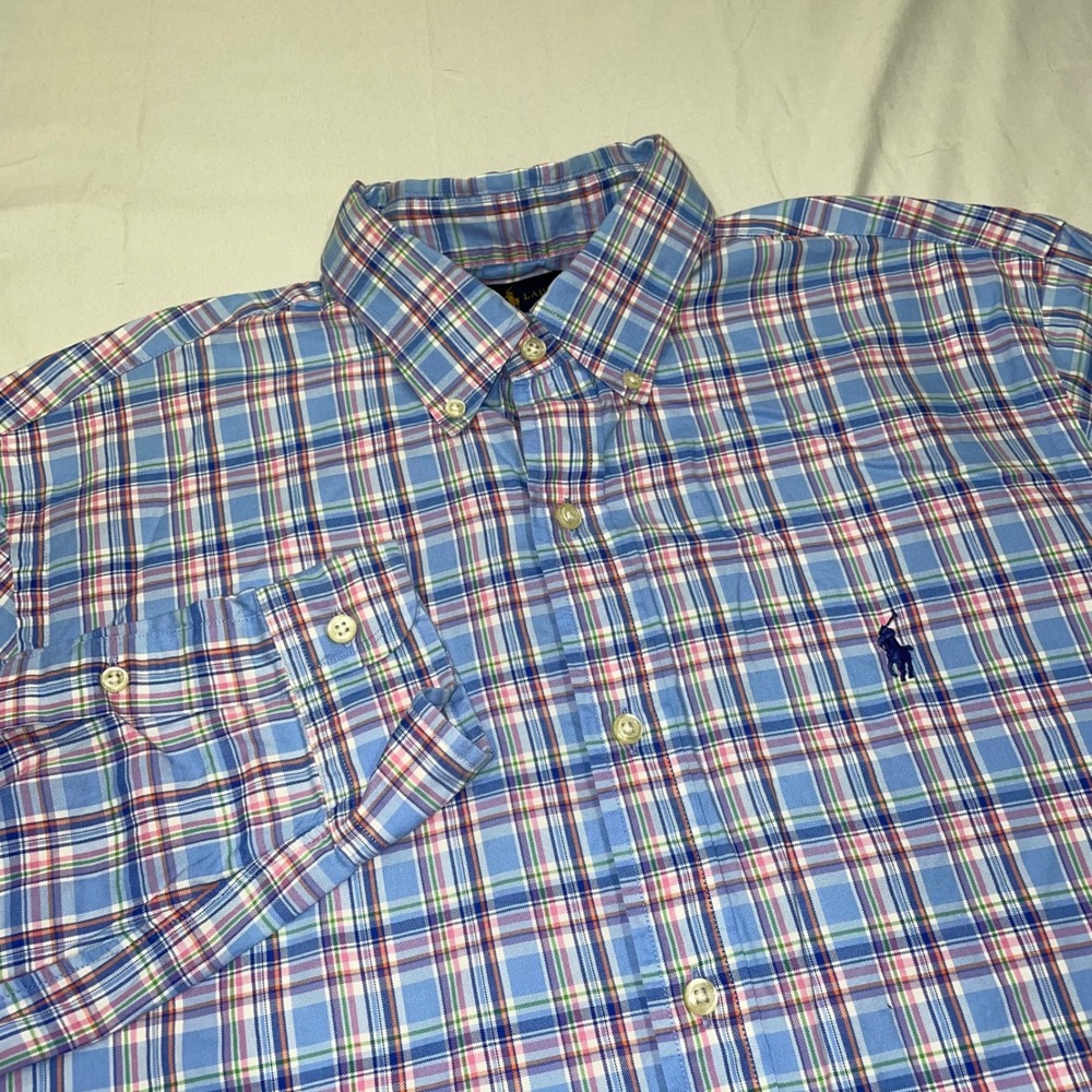 Ralph Lauren Mens Plaid Button Down Shirt Blue Pink Cotton Long Sleeve Large